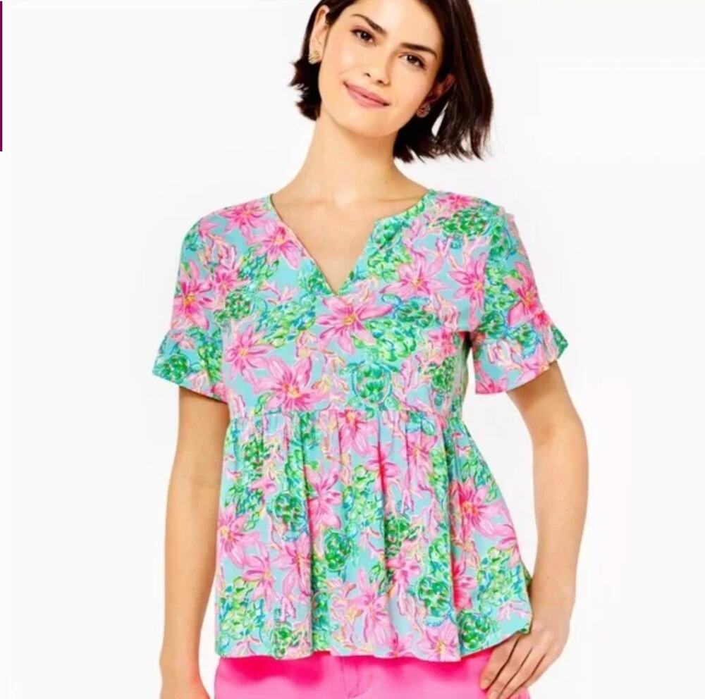 Lilly Pulitzer Jodee Peplum Top XS NWOT So Shellegant Turtle Coastal Pink Green
